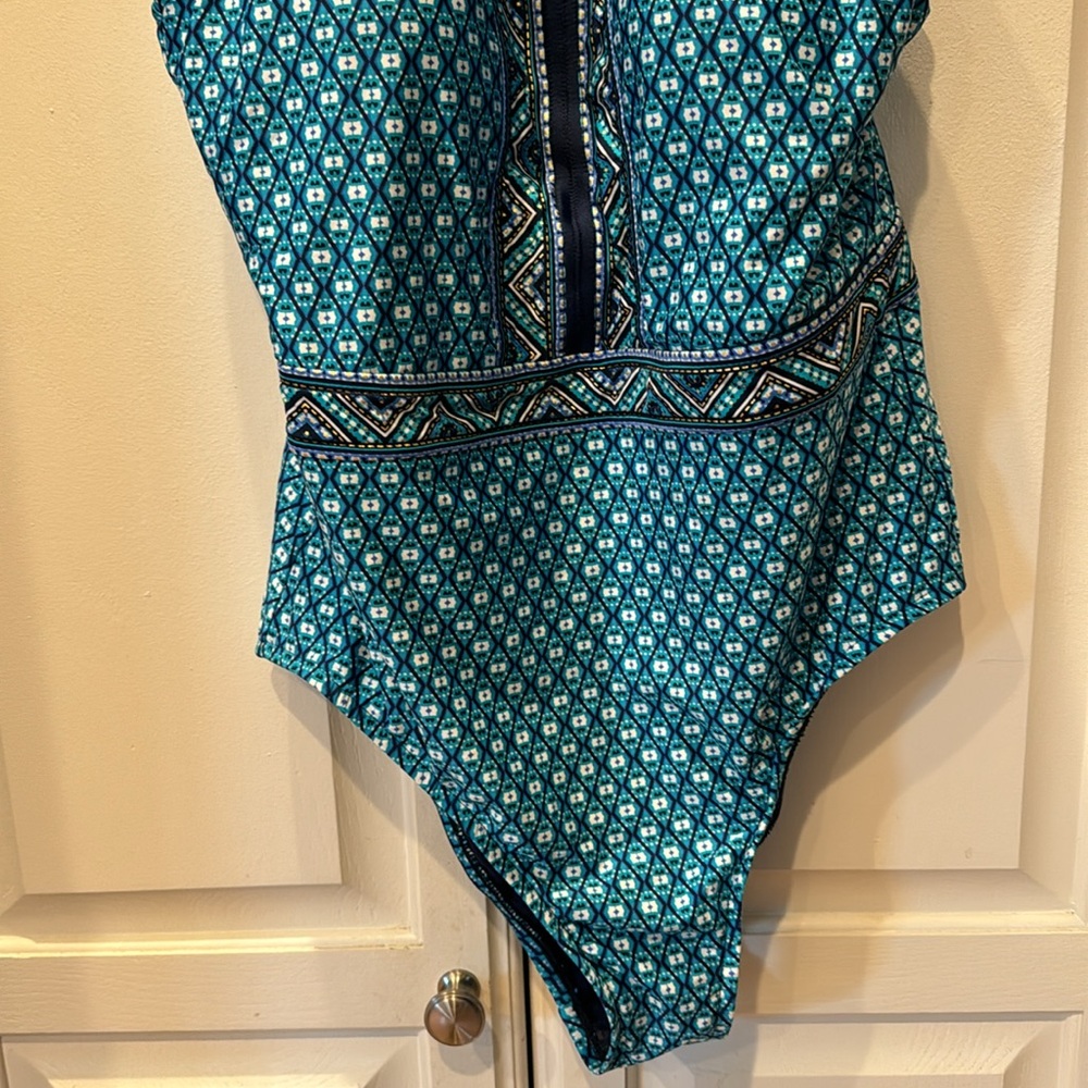 Jantzen Blue Print Keyhole High Neck One piece Swim Suit Modest Molded Cups 12 - Picture 3 of 14